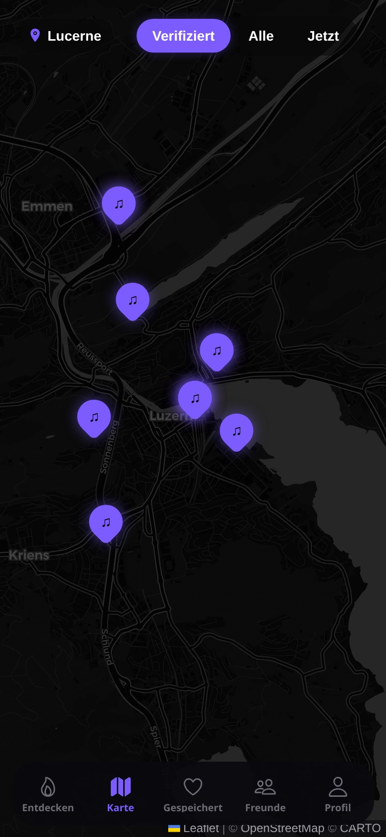 Die Karte: Event-Pins in Luzern auf dunkler Karte